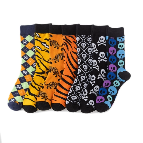Chaussettes Mi-Mollet En Mélange De Coton Motif Tigre Crâne Argyle Empreinte De Patte Mode Streetwear