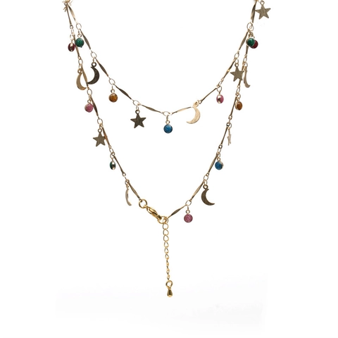 Collana Doppia in Rame Zirconia per Donna Ciondolo Stella Cuore Colorato Placcato Oro Girocollo Regolabile Gioielleria Regalo