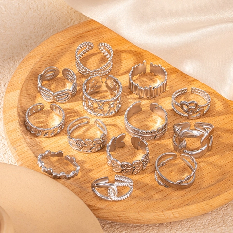 Anello Aperto Regolabile in Acciaio Inossidabile per Donna Minimalista Foglia Geometrico Cavo Cuore Piuma Catena Argento Gioielli