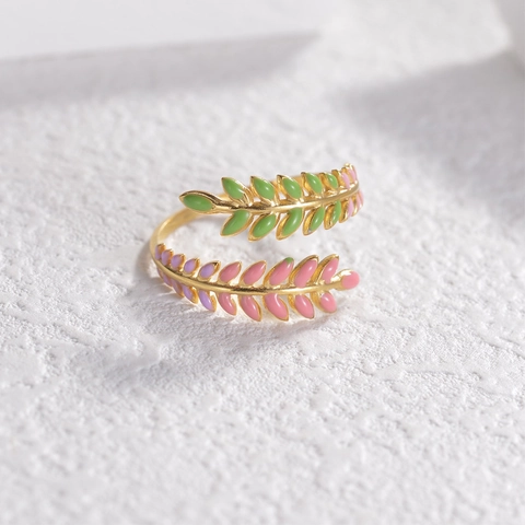 Verstellbarer Blatt Ring Aus 18 Karat Vergoldetem Edelstahl Mit Bunter Emaille Ast Design Minimalistischer Damen Schmuck