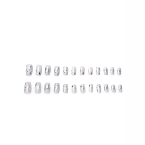 Press On Nails Short Square Butterfly Flower Pattern Metallic Accents Elegant French Simple False Nails For Women