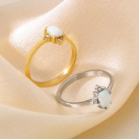Minimalist Square Opal Ring Stainless Steel With Rhinestones Geometric Fashion Jewelry For Women
