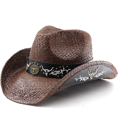 Western Cowboy Hat Straw Weave Wide Brim With Faux Leather Band Metal Bullhead Buckle Embroidery Rivets Retro