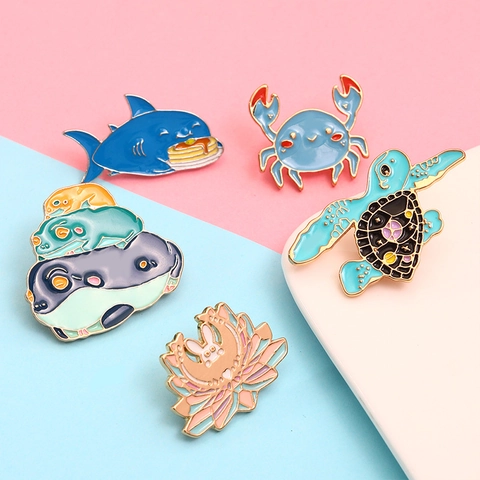 Cartoon Animal Enamel Brooches Alloy Oil Drop Pin Cute Shark Crab Turtle Badge For Clothing Backpack Accessories Decor