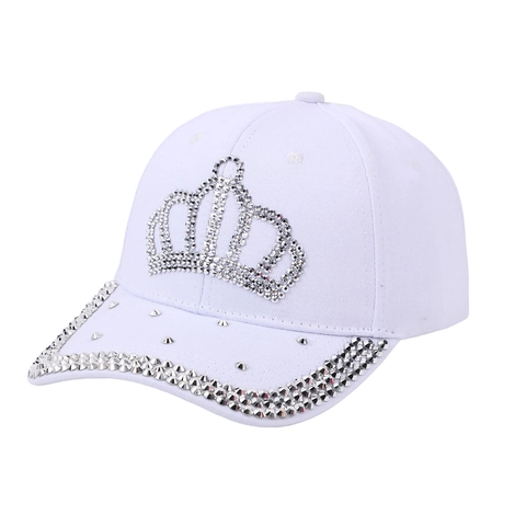 Fashion Women Rhinestone Crown Baseball Cap Cotton Denim Adjustable Sun Hat Sparkly Crystal Distressed Trucker Hat