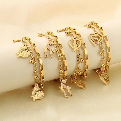 Double Layer Bracelet Stainless Steel Gold Plated Hollow Heart Mother Child Silhouette Charms Mama Jewelry For Women