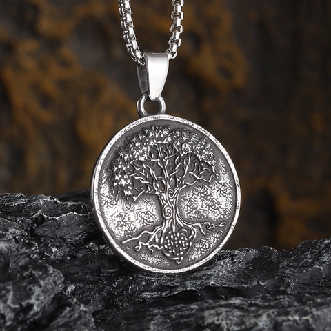 Collar Con Colgante Árbol De La Vida Vikingo Vintage Nórdico Medallón Redondo Joyería De Acero De Titanio Para Hombres Mujeres