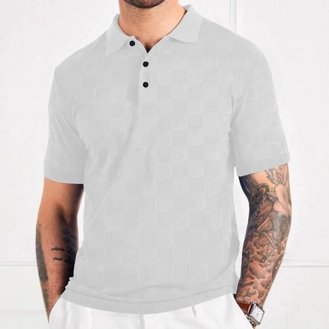 Heren Polo Shirt Korte Mouwen Wafeltextuur Schaakbord Jacquard Revers Ademend Casual Mode Tops