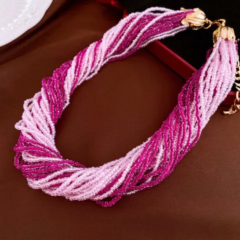 Vintage Mehrlagige Perlenkette Lila Rosa Farbverlauf Handgefertigte Gedrehte Choker Kette Mit Goldenem Legierungsverschluss
