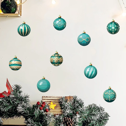 Autocollants Fenêtre Noël PVC Sarcelle Or Boule Flocon De Neige Statique Réutilisable Pour Décoration De Fête Maison