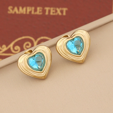 Heart Stud Earrings With Stainless Steel Earring Post Gold Plated Colorful Crystal Ripple Textured Vintage Elegant Jewelry