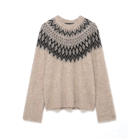 Suéter De Mezcla De Mohair Para Mujer Jacquard Geométrico Cuello Redondo Manga Larga Jersey De Punto Esponjoso