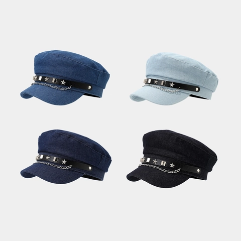 Vintage Denim Cadet Pet Voor Dames Punk Stijl Met Metalen Ketting En Sternietjes Platte Bovenkant Militaire Pet
