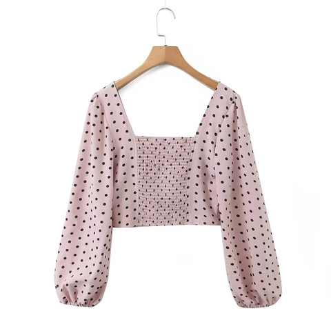 Polyester Polka Dot Square Neck Blouse Puff Sleeve Smocking Vintage Pink Long Sleeve Top For Women