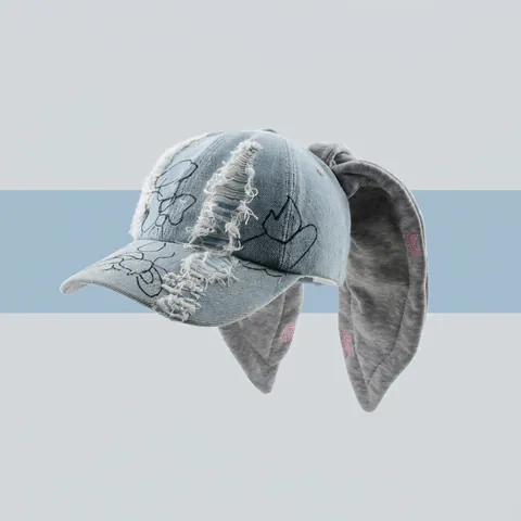 Y2K Washed Denim Baseballkappe Mit Langen Hasenohren Distressed Graffiti Hip Hop Verstellbarer Sonnenhut Für Damen Herren