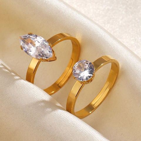 Minimalist Gold Plated Stainless Steel Rings With Marquise And Round Zircon Adjustable Open Jewelry For Women