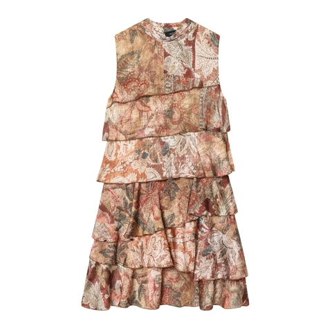 Paisley Print Ärmelloses Mini Kleid Polyester Chiffon Gestuftes Lagenlook Retro Boho Stehkragen Damen