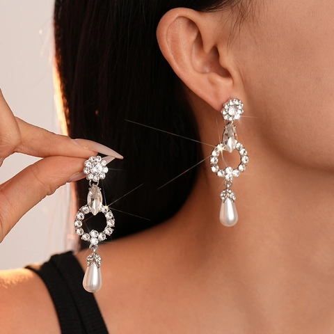 Floral Waterdrop Artificial Pearl Dangle Earrings With Rhinestones Alloy Silver Earring Post For Women Wedding Banquet Style