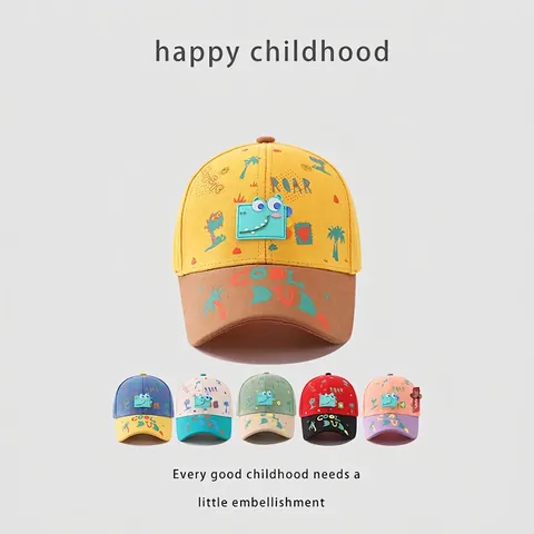 Kids Baseball Cap Cotton Cartoon Dinosaur Patch Sun Protection Adjustable Color Block Outdoor Hat For Boys Girls