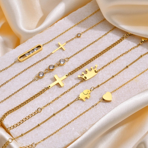Bracciale Croce Cuore Elefante Corona Acciaio Inossidabile Zircone Fascino Minimalista Gioielli Placcati Oro IP Per Donna Regolabile