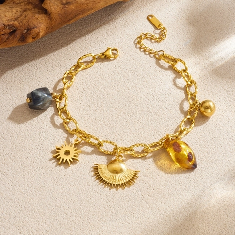 Retro Vergulde Roestvrijstalen Grove Schakelarmband Met Zon En Waaier Hangers En Hars Steen Charms Voor Dames