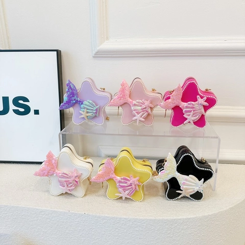 Star Shaped Crossbody Bag For Girls PVC Sequin Mermaid Tail Bow Faux Artificial Pearl Decor Mini Kids Shoulder Purse Chain Strap