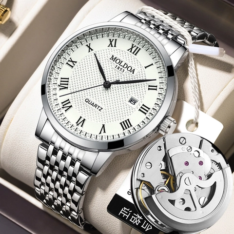 Heren Business Quartz Horloge Roestvrij Stalen Band Waterdicht Datumweergave Romeinse Cijfers Wijzerplaat Luxe Polshorloge
