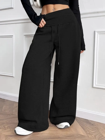 Women Wide Leg Sweatpants Loose Fit High Waist Drawstring Fleece Lined Warm Casual Trousers Solid Color Black
