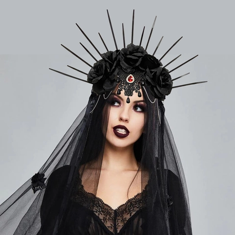 Gotische Halo Kroon Hoofdband Met Zwarte Kunstrozen Kant Sluier Rode Rijnsteen Halloween Cosplay Haaraccessoires