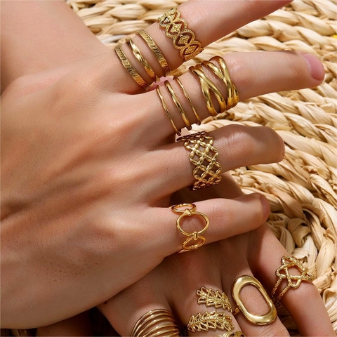French Style Adjustable Open Rings 18K Gold Plated Stainless Steel Hollow Leaf Geometric Minimalist Fashion Jewelry Women