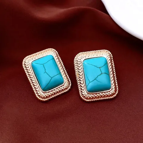 Rectangular Stud Earrings Alloy Synthetic Turquoise With Silver Earring Post Vintage Palace Style For Women