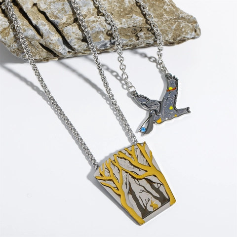 Vintage Bird And Forest Pendant Necklace Stainless Steel Enamel Animal Jewelry With Blue Gemstone For Women Men
