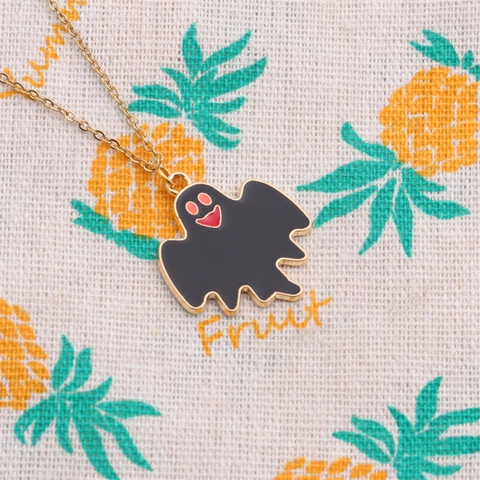 Halloween Cartoon Ghost Necklace And Earrings Jewelry Alloy Enamel Gold Tone Black Spooky Festive Accessory