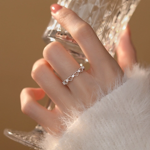 925 Sterling Silver Heart Hollow Open Ring For Women Sweet Fairy Style Zirconia Inlaid Adjustable Finger Ring Jewelry Gift