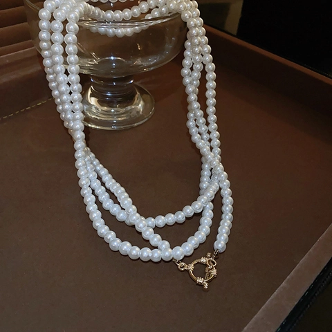 Vintage Mehrlagige Kunstperlen Halskette Elegante Lange Pulloverkette Im Französischen Stil Mit Goldenem OT-Verschluss Für Damen