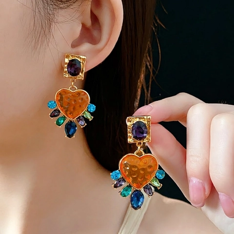Boucles D'oreilles Coeur Baroque Vintage Avec Tige En Argent Cuivre Rétro Strass Colorés Bijoux Pour Femmes