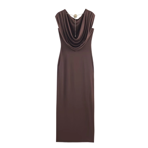 Maxi Kleid Ärmellos Gerafft Rückenfrei Elegant Kaffeebraun Sexy Mit Goldener Rose Metallkette Für Damen