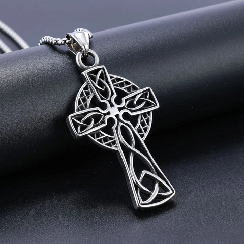 Celtic Cross Pendant Necklace Stainless Steel Vintage Viking Knotwork Totem Religious Streetwear Jewelry For Men Women