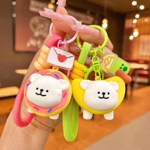 Cartoon Dog Bear Keychain PVC Soft Rubber Food Headgear Bag Pendant Kawaii Dessert Puppy Key Ring Braided Rope