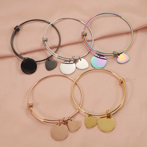 Verstelbare 304 Roestvrij Stalen Uitbreidbare Armring Armband Met Hart En Ronde Schijf Hangers Voor Vrouwen DIY Sieraden Cadeau