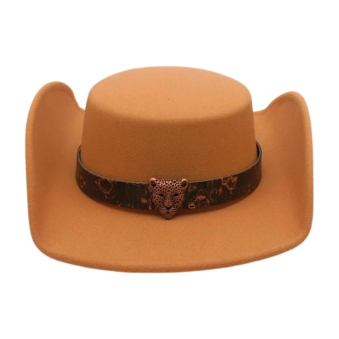 Retro Western Cowboy Hat With Leopard Head Metal Buckle Elegant Cotton Polyester Felt Fedora For Stage Performance