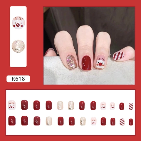 Christmas Press On Nails Reindeer Glitter Glossy Red White Short Square Artificial Nails Winter Holiday For Women