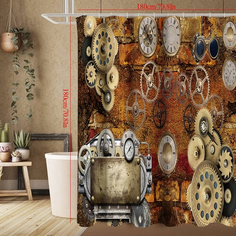 Steampunk Βιομηχανική Κουρτίνα Μπάνιου Αδιάβροχη Πολυεστέρας Vintage Μηχανικά Γρανάζια Ρολόι Διακόσμηση Μπάνιου Με Γάντζους