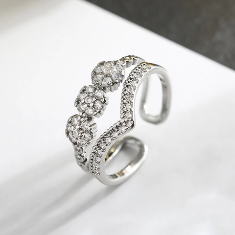 Geometrische Dubbellaagse Open Verstelbare Ring Koper Zirkoon Golf Bloem Ontwerp Mode Sieraden Dames