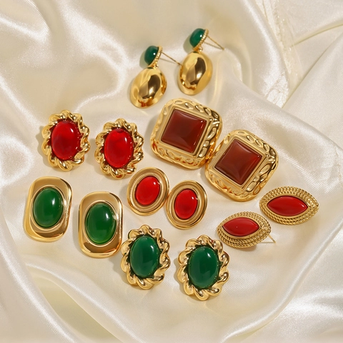Französischer Vintage Edelstahl Achat Ohrstecker Für Damen Vergoldet Rot Grün Geometrisch Quadratisch Oval Luxus Ohrschmuck Zubehör