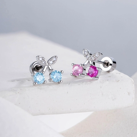 Cherry Shaped Zircon Ear Cartilage Stud Earrings Metal Screw Back Piercing Jewelry For Women Sweet Cute Style