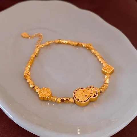 Pulsera De Cobre De Nuevo Estilo Chino Chapada En Oro Real Colgantes De Flor De Calabaza Joyería Retro Para Mujeres