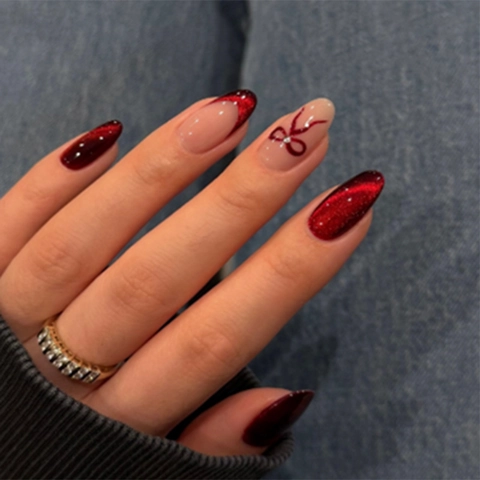 Wine Red Cat Eye Press On Nagels Amandelvorm French Tip Strikje Rhinestone ABS Glanzende Manicure Voor Vrouwen