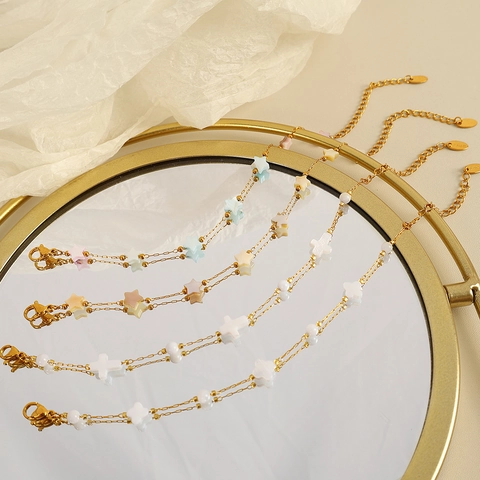 18K Gold Plated Stainless Steel Shell Cross Star Clover Necklace Bracelet Set For Women French Vintage Aesthetic Jewelry Accessory