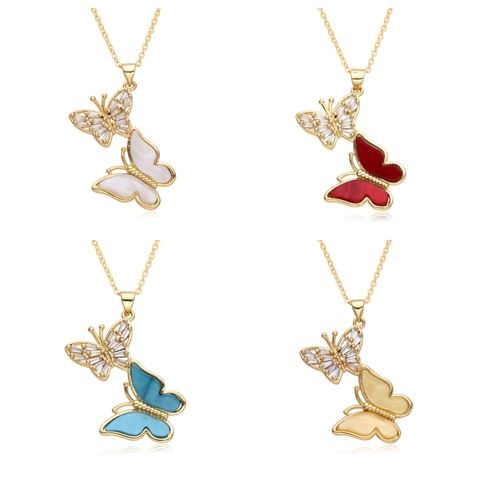 Fashion Copper Dual Butterfly Pendant Necklace For Women Micro Rhinestone Inlaid Gold Plated Chain Necklace Jewelry Gift